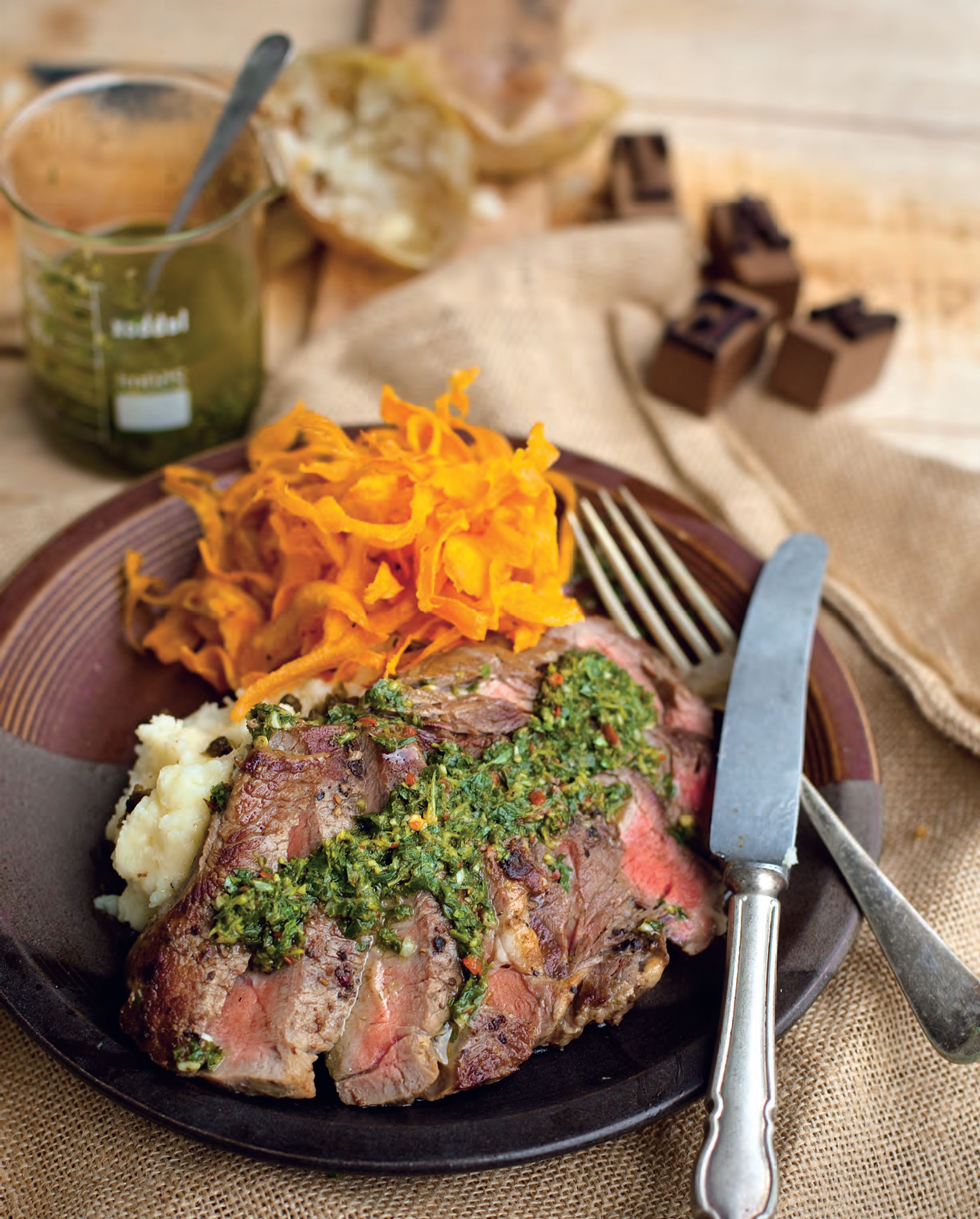 Seared Scotch fillets with chimichurri sauce & sweet potato chips