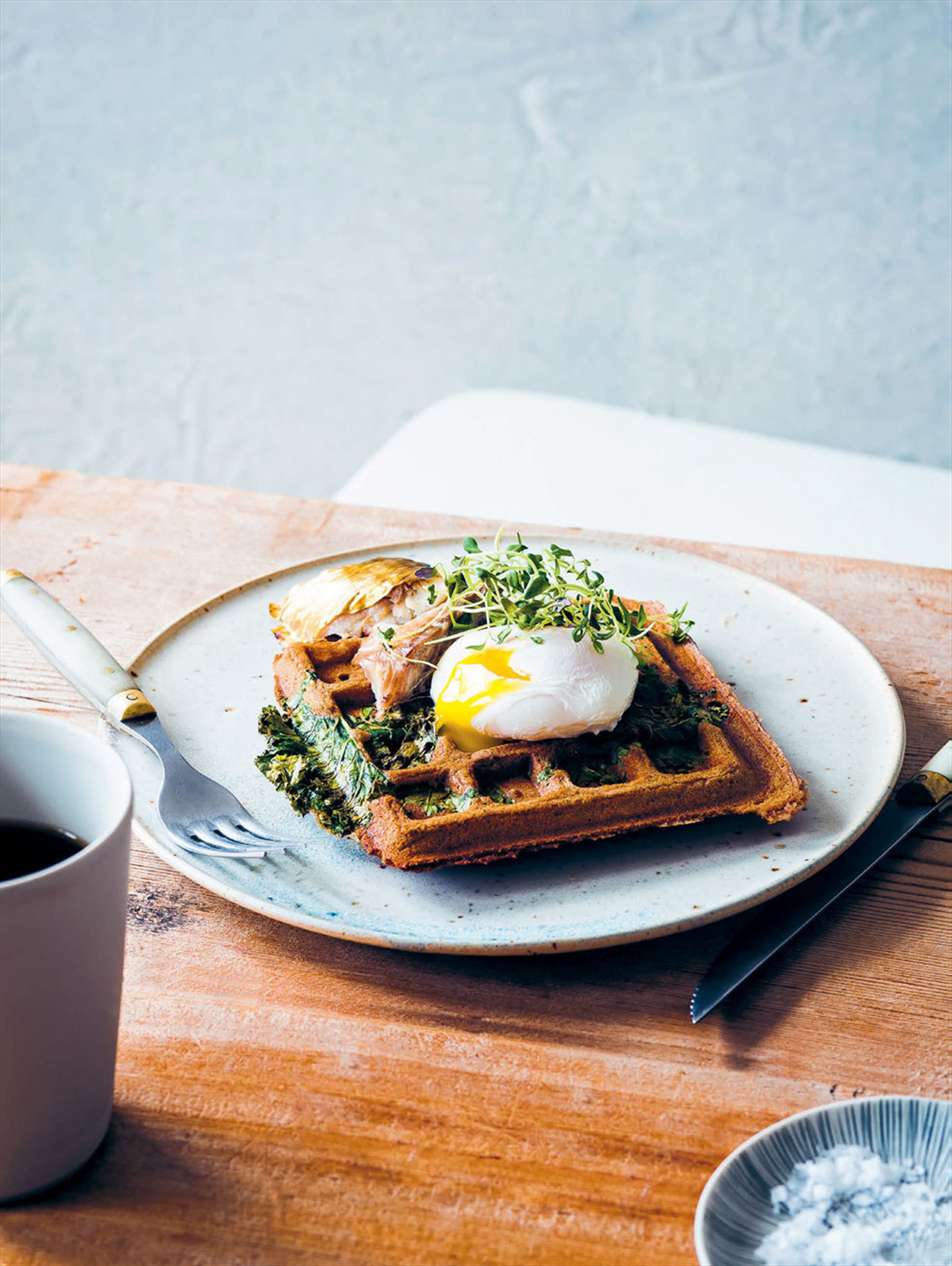 Kale & buckwheat waffles with eggs