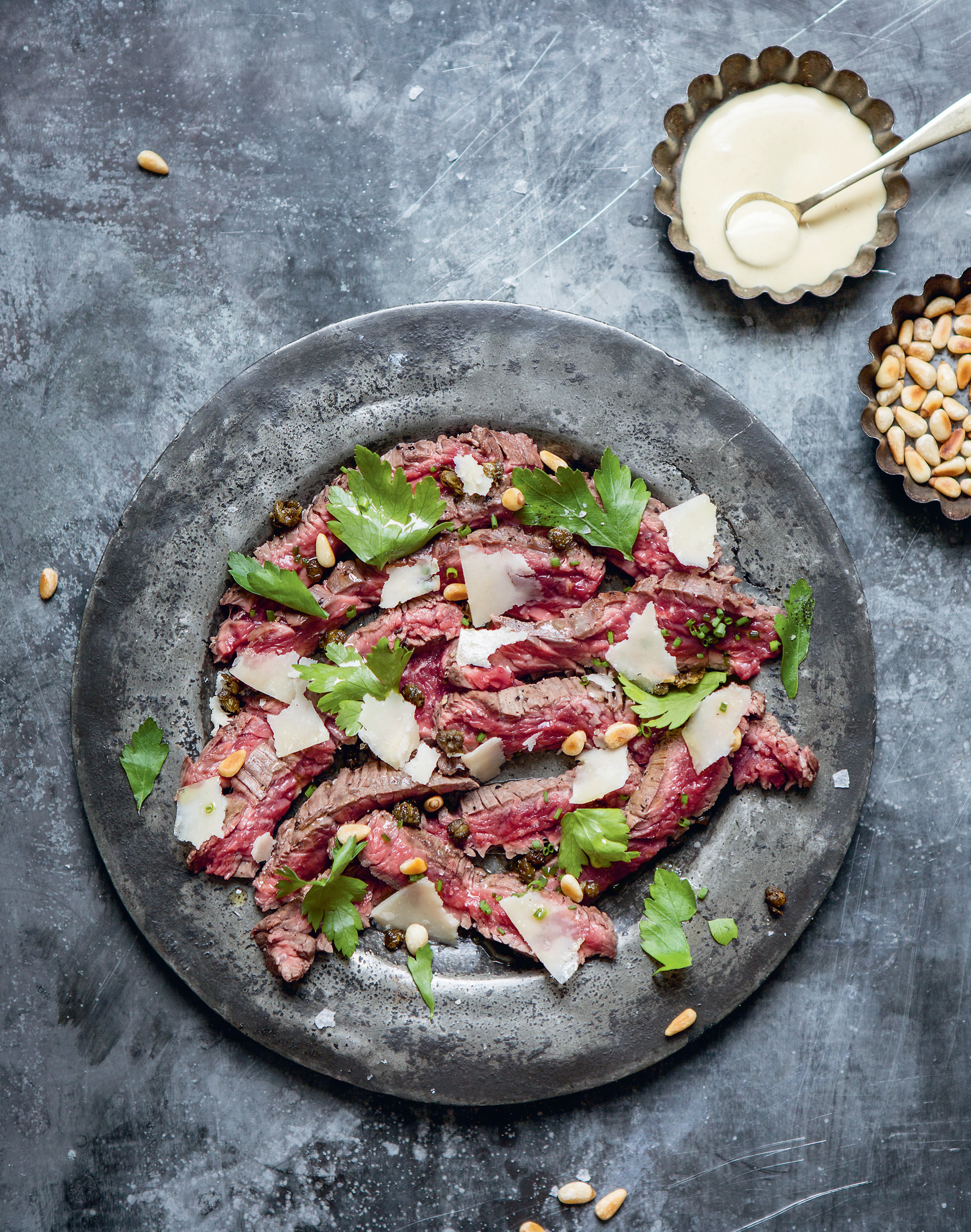 Bavette carpaccio with fried capers + mustard mayo