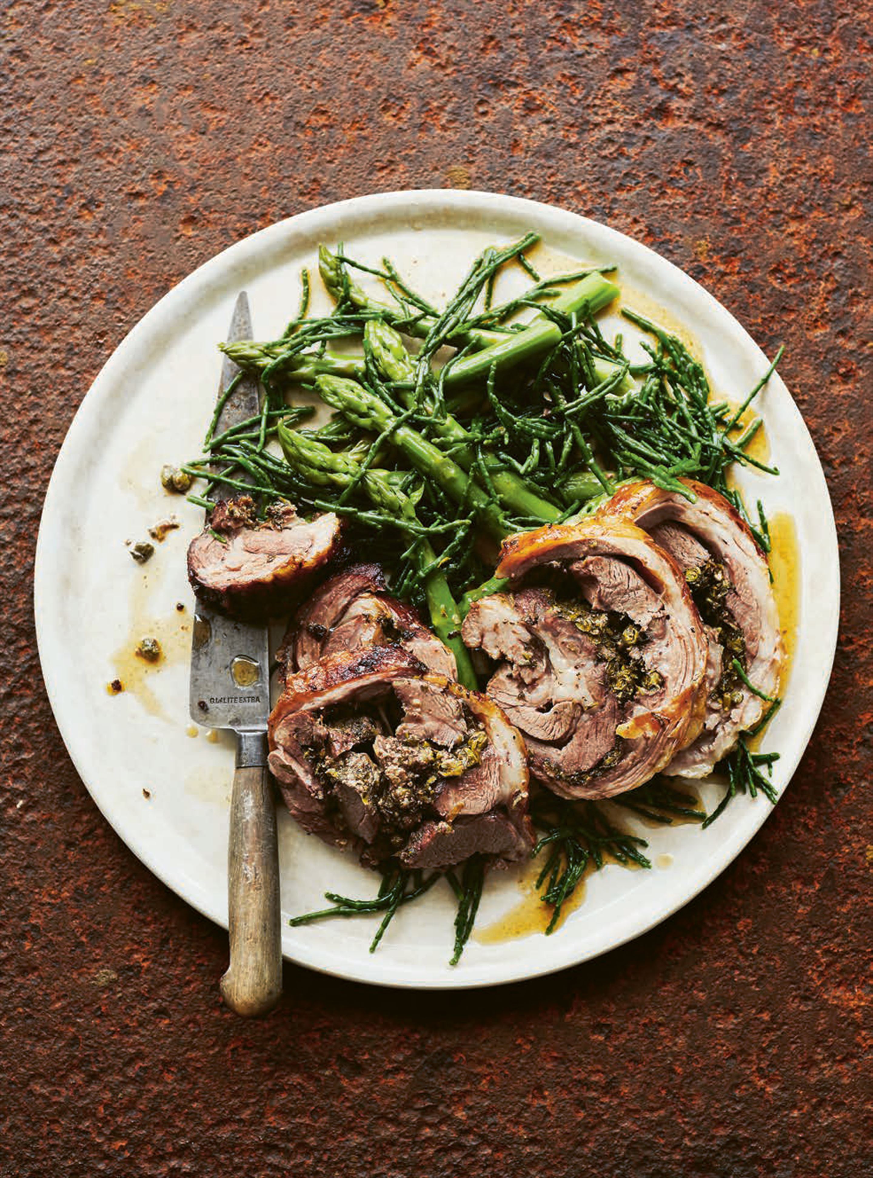 Slow-cooked lamb shoulder with asparagus & samphire