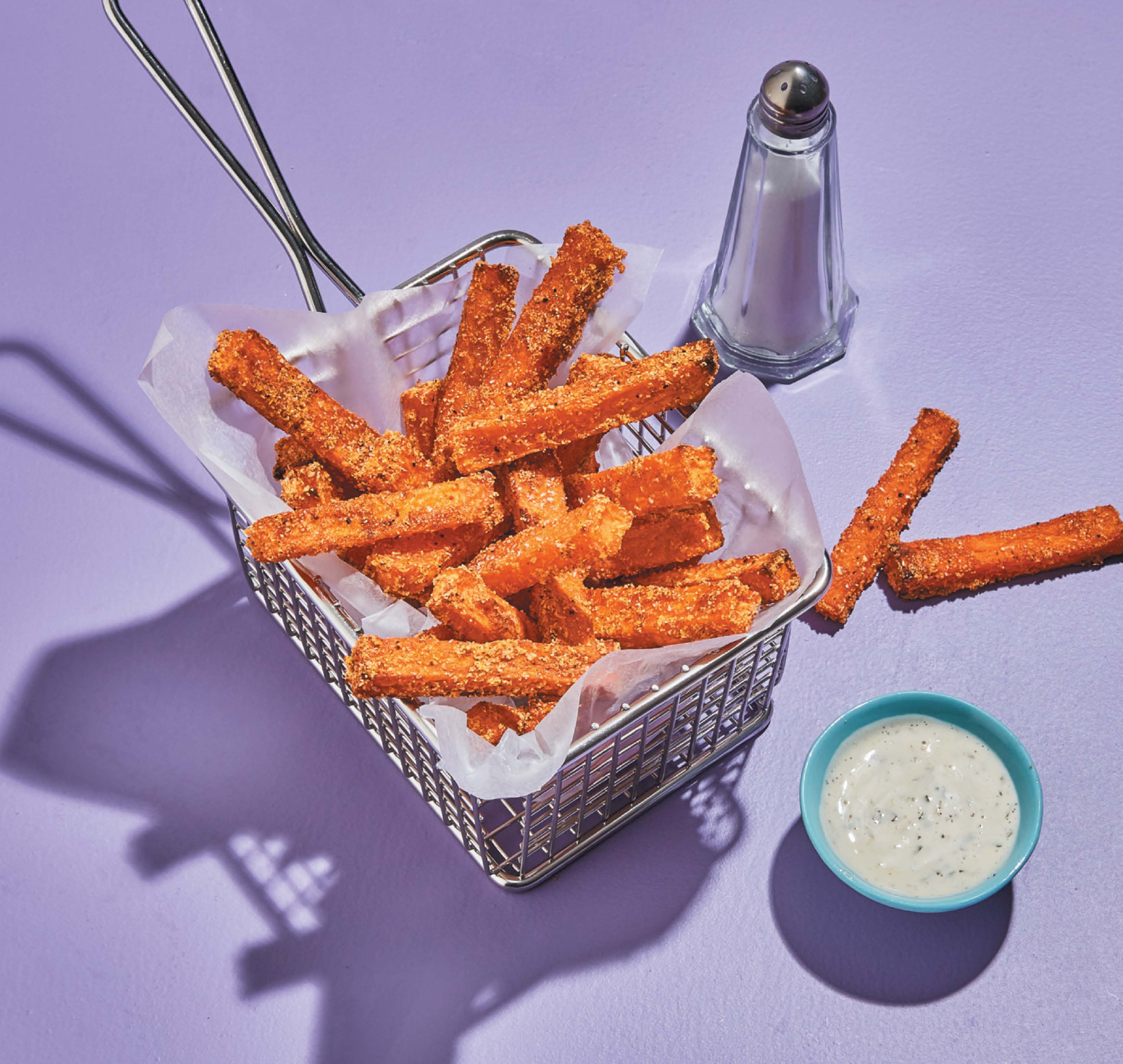 Sweet potato oven fries with lime coriander dipping sauce