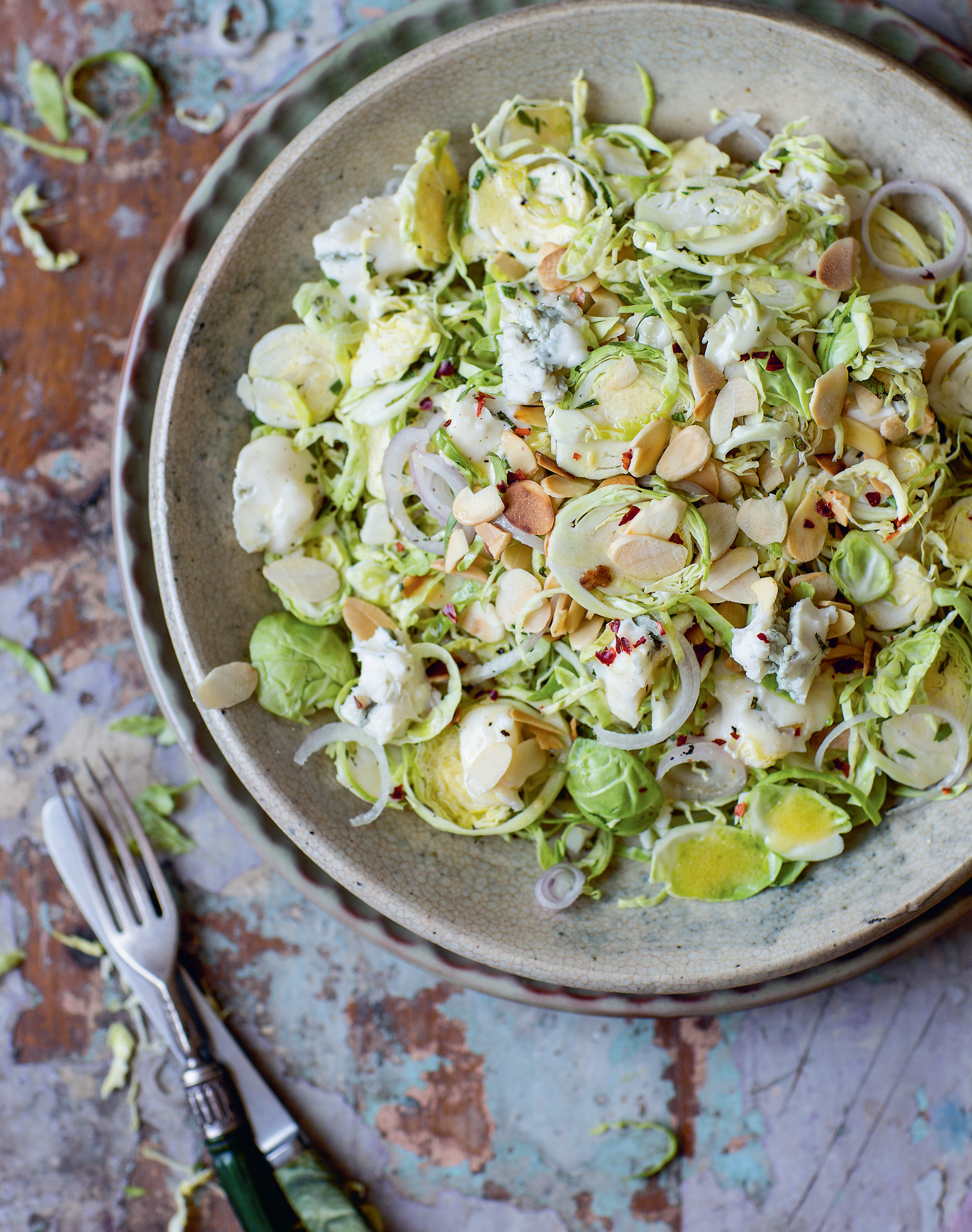 Shredded sprout salad, two ways