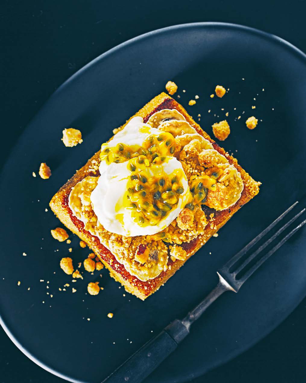 Coffee-infused French toast with banana, nut crumble + yoghurt