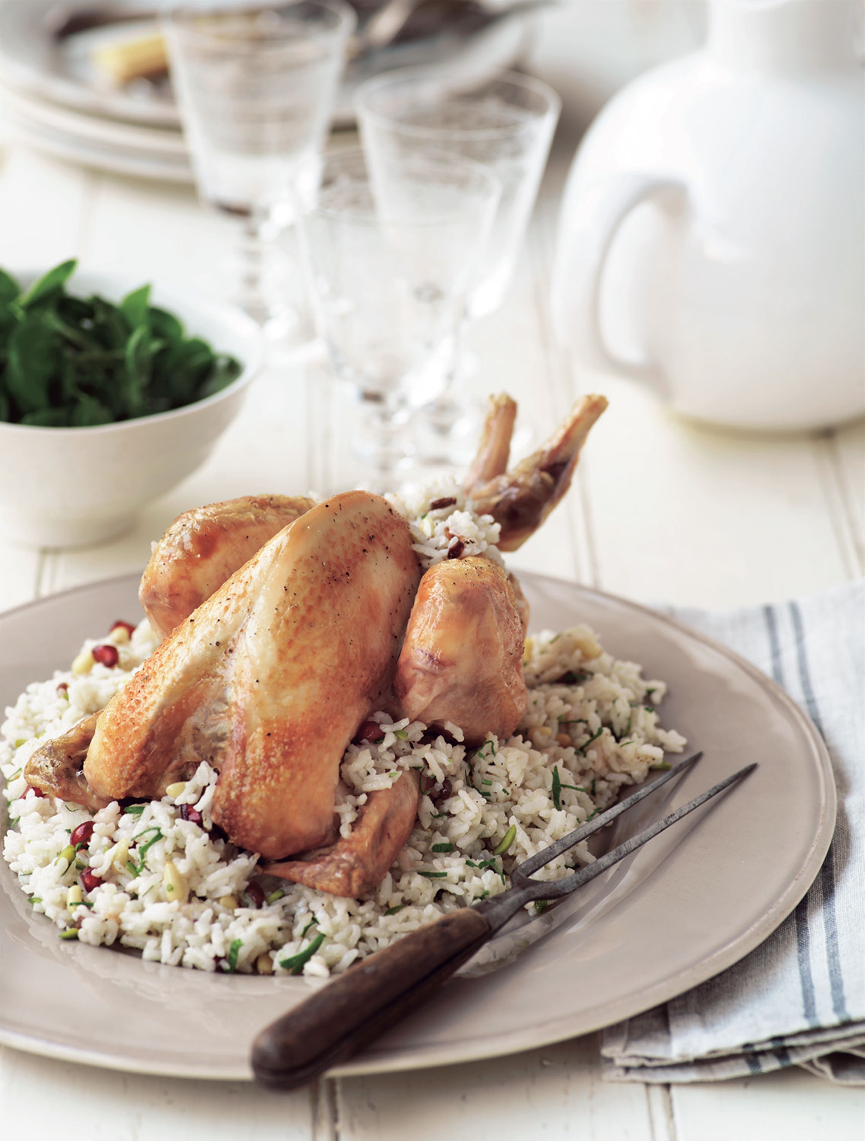 Roast chicken with pine nut and barberry pilav stuffing