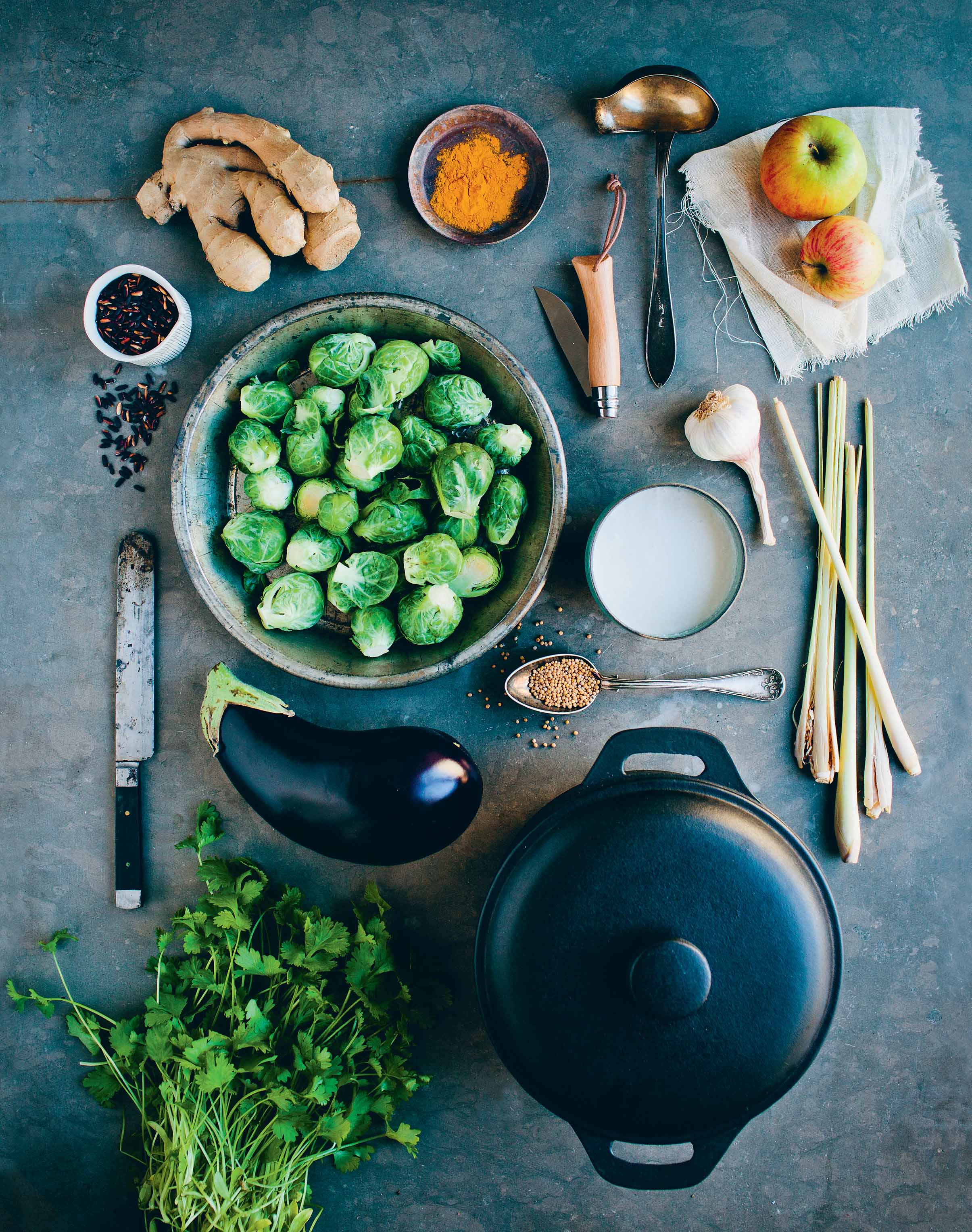 Lemongrass, aubergine and Brussels sprout curry