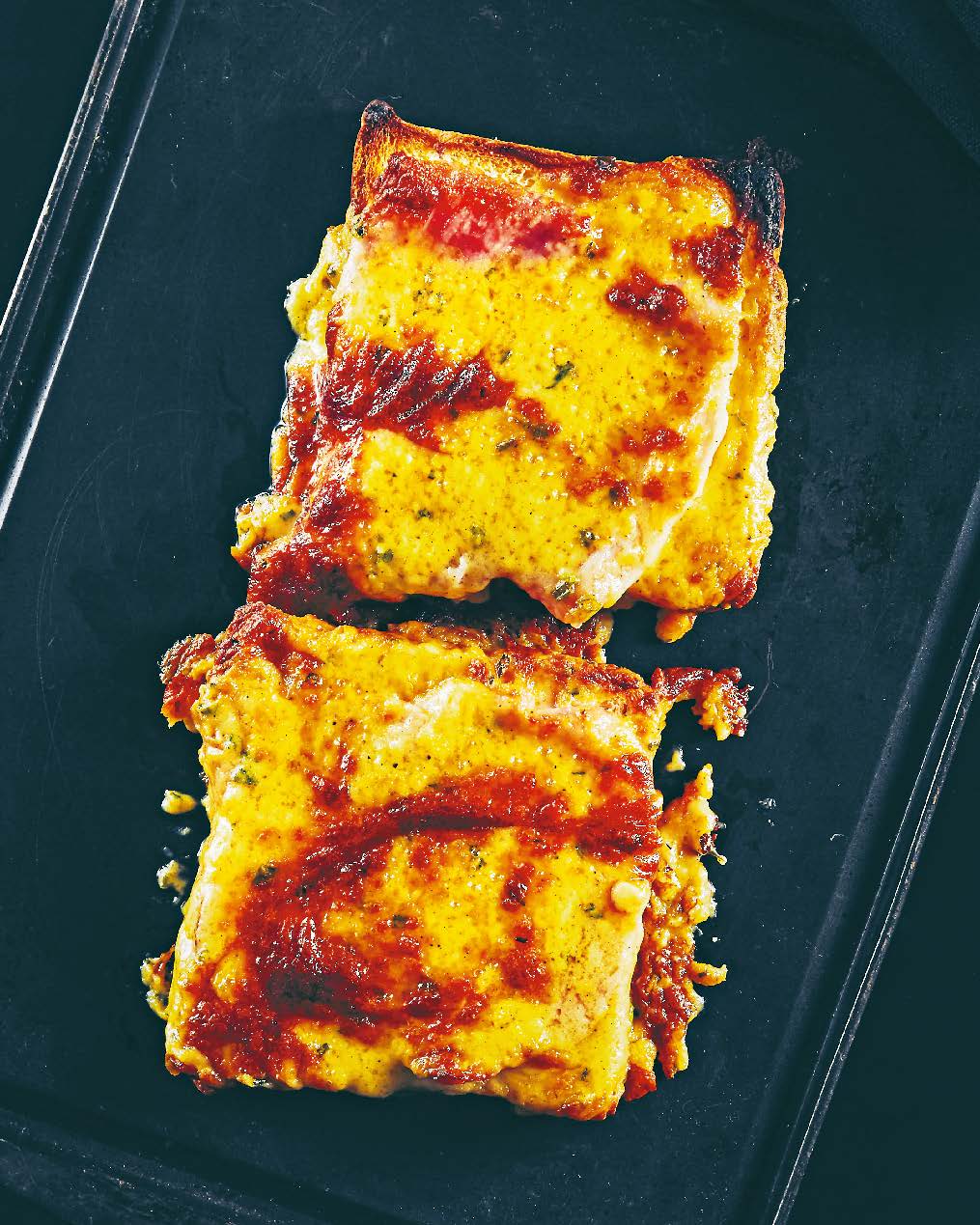 Two-cheese Welsh rarebit with smoked ham + piccalilli