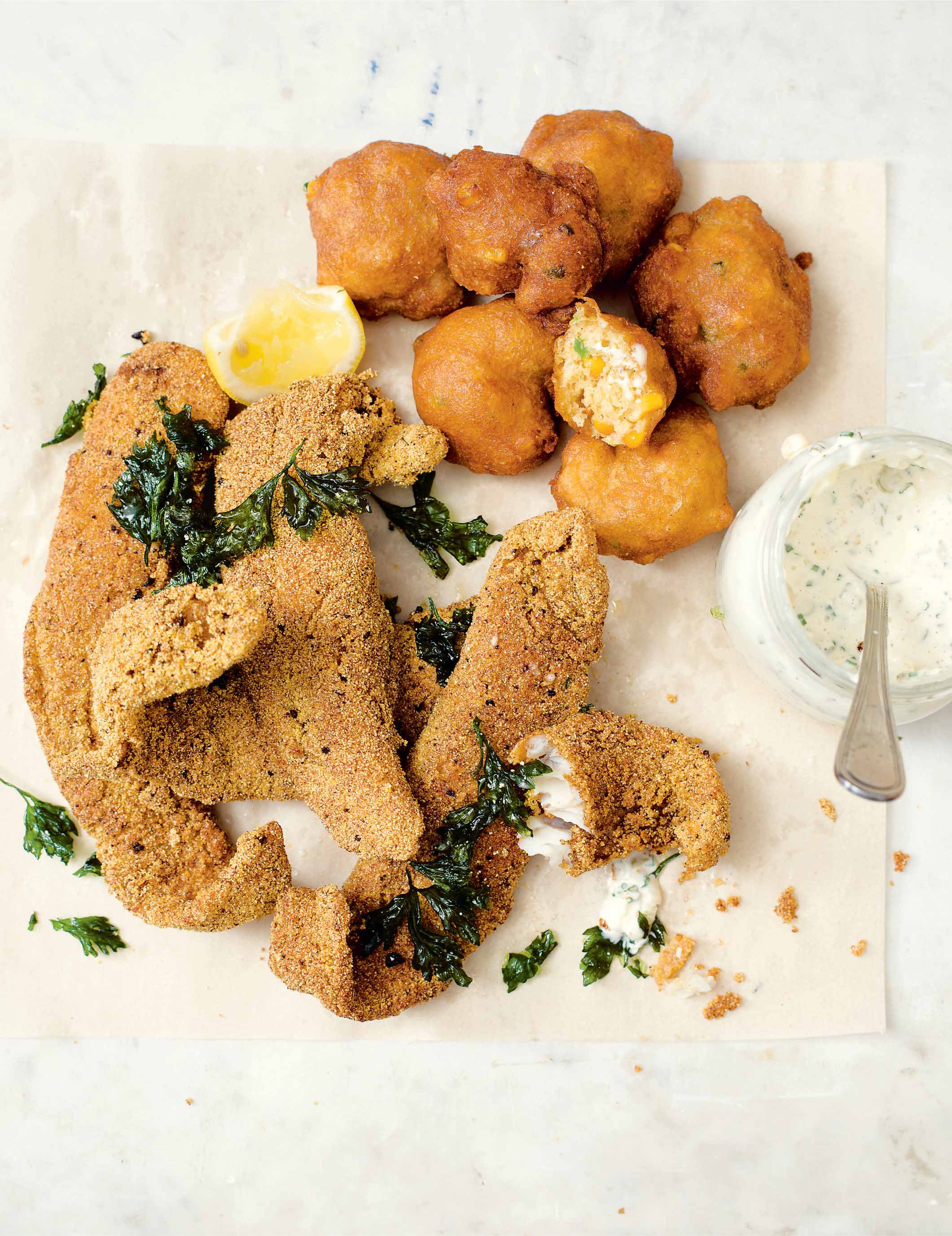 Fried catfish with hush puppies and tartare sauce