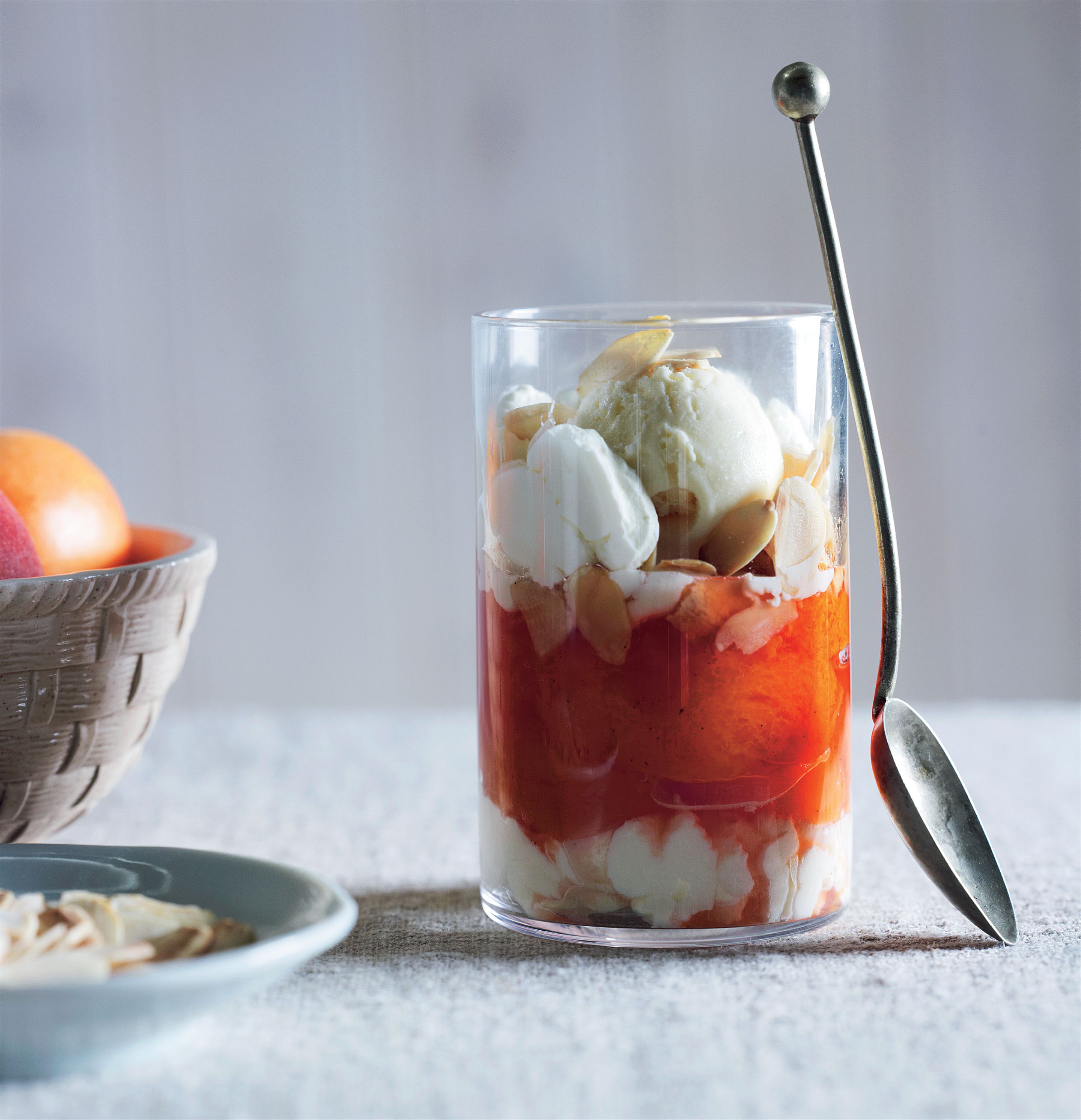 Poached apricots and peaches with toasted almonds