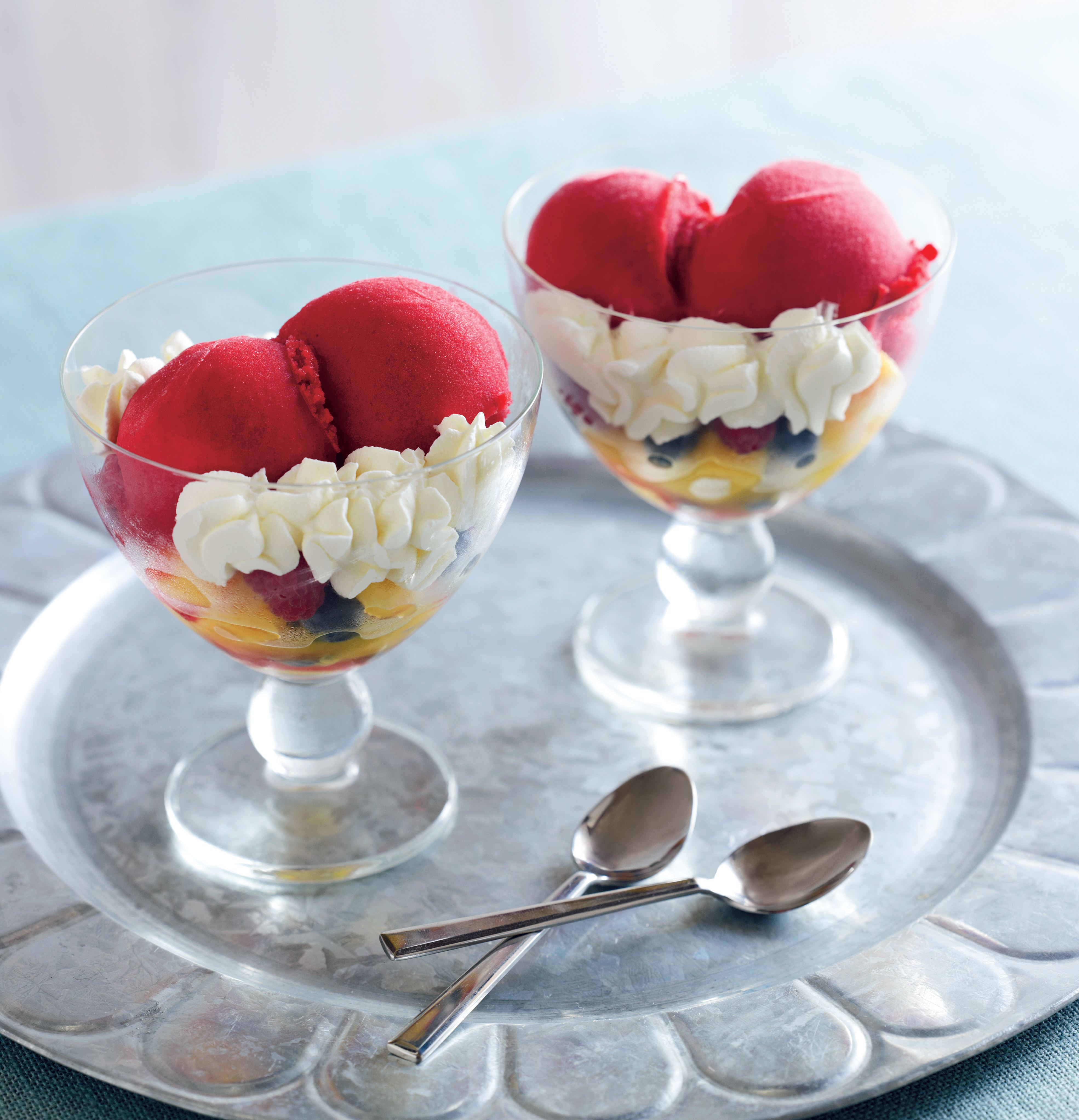Raspberry sorbet in a fruit coupe
